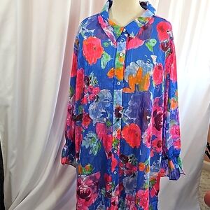 Susan Graver ls floral boho button down tunic jacket jacquard Nwot XL